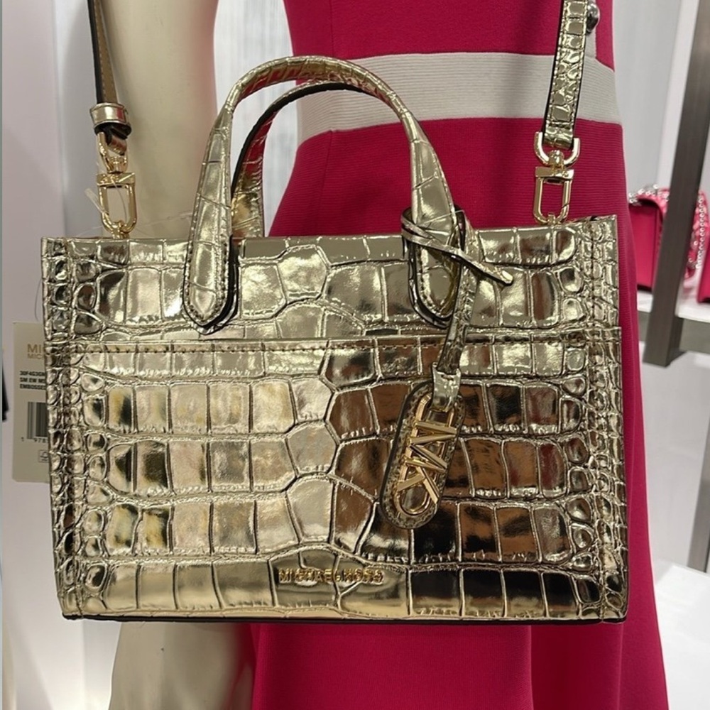 Michael Kors Gigi Small Metallic Crocodile Embossed Leather Messenger, Pale Gold - Picture 11 of 12